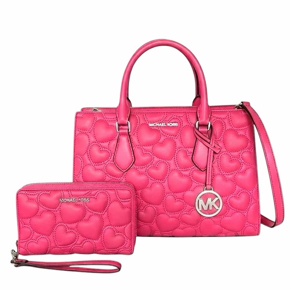 Michael Kors Handbags - Michael Kors Sheila Medium Heart Embroidered Satchel Bag & Phone Wallet Hibiscus